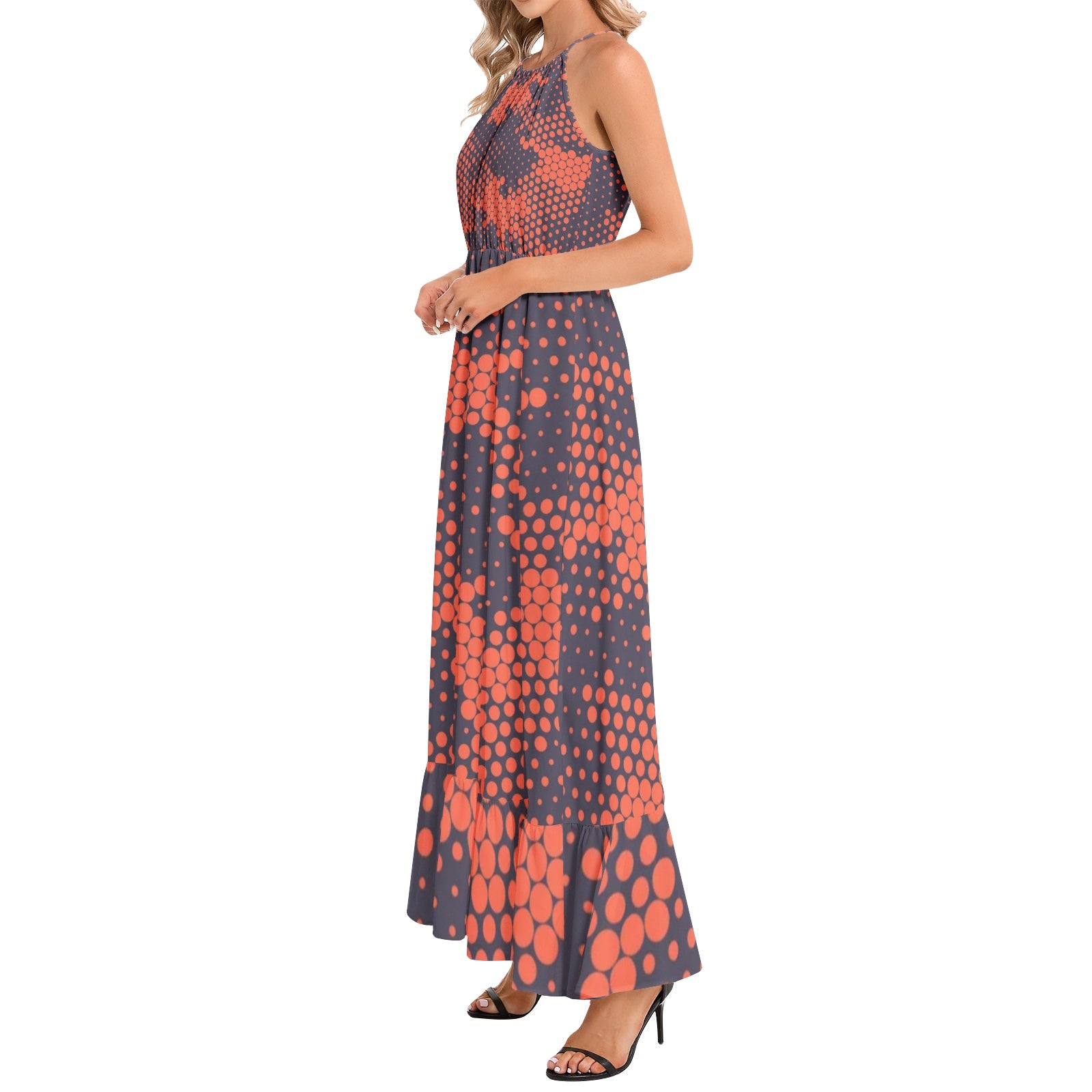 Camo Maxi Dress | Digital Orange and Blue Camouflage | Ruffle Hem