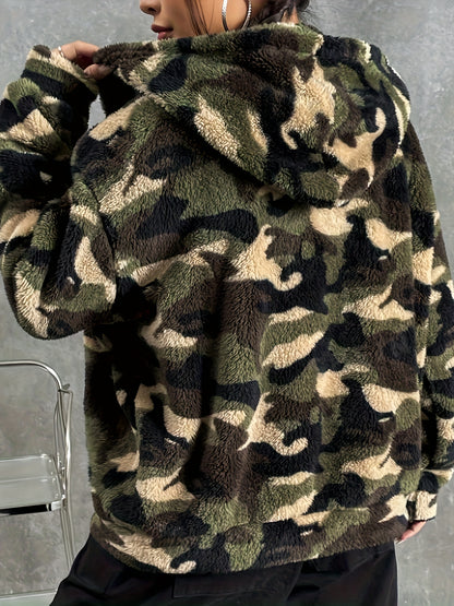 Women's Camo Print Zip-up Fluffy Jacket: Hooded, Fall/Winter