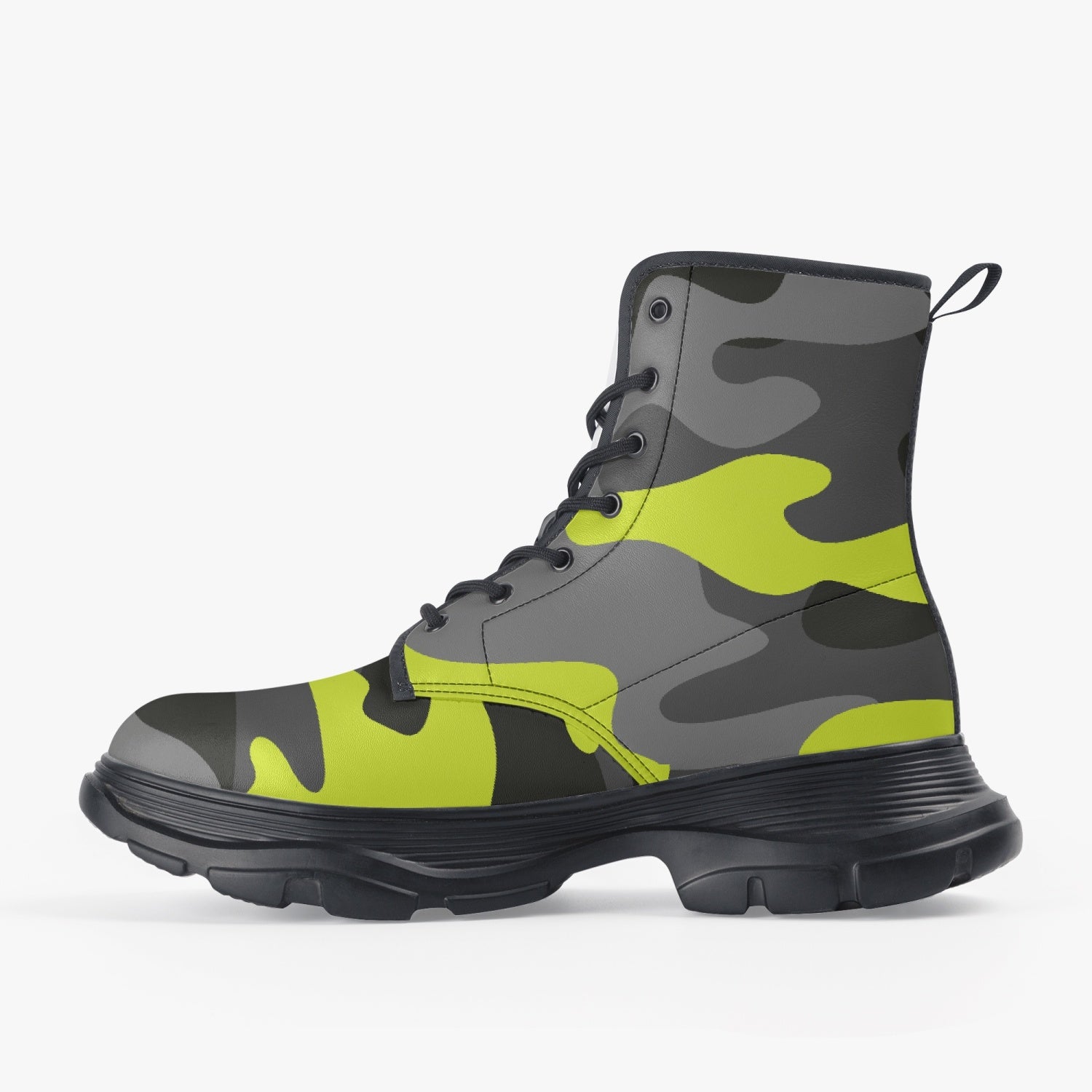 Chunky Boots | Leather in Yellow, Black, & Gray Camouflage