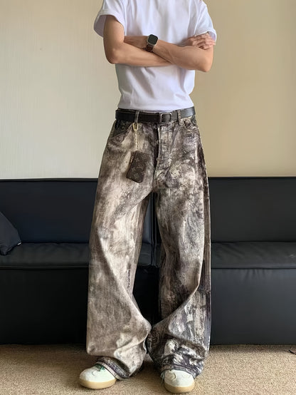 Camo Splatter Print Distressed Low-Rise Wide-Leg Jeans | Cotton Blend