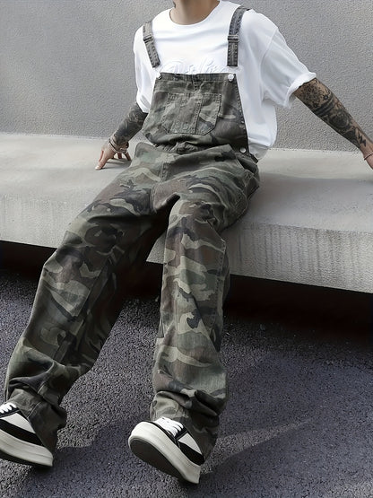 Camo Cargo Denim Overalls for Men | 100% Cotton, Loose Fit