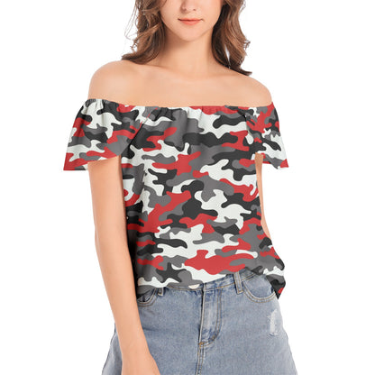 Off The Shoulder Camo Top | Red, Black and White Camouflage