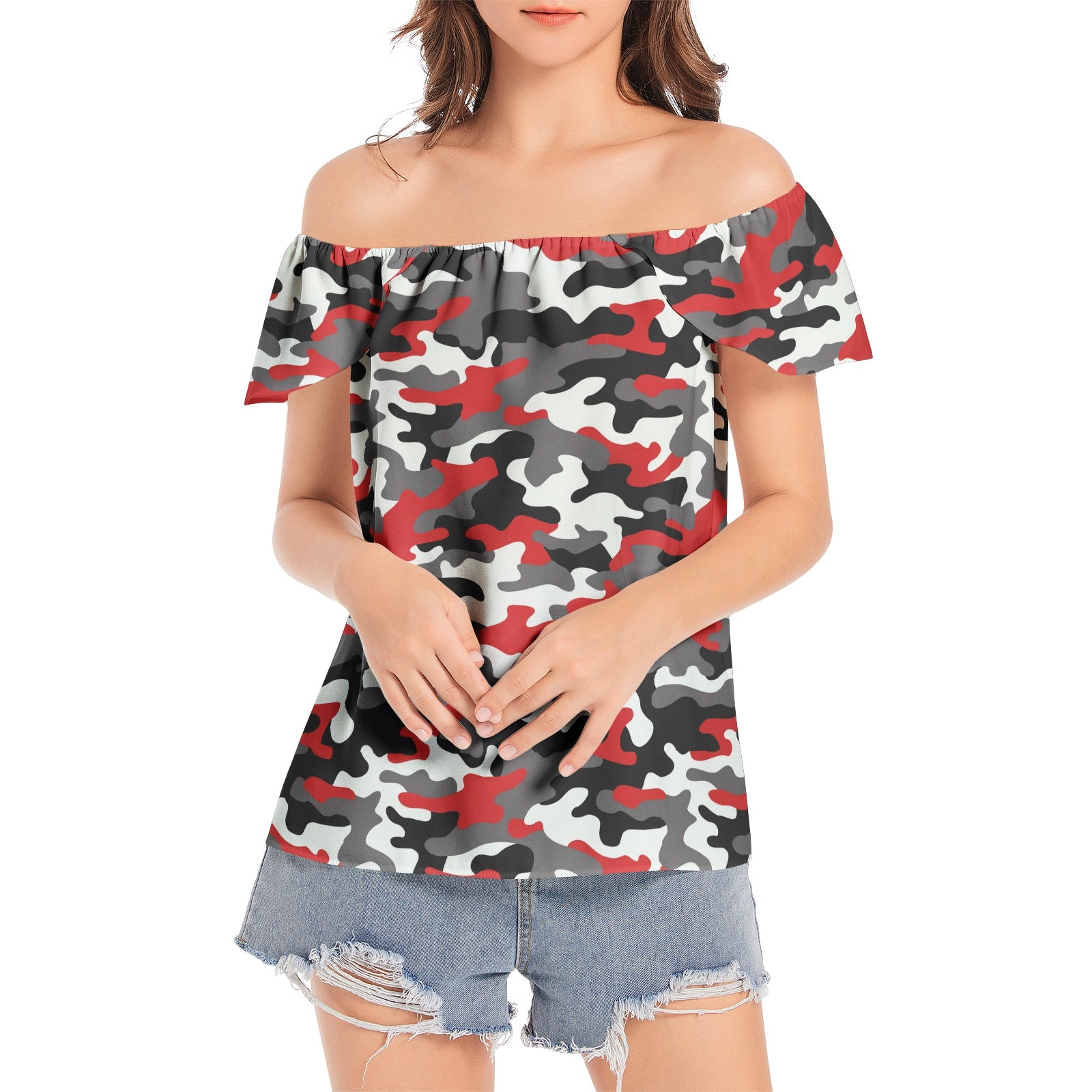 Off The Shoulder Camo Top | Red, Black and White Camouflage