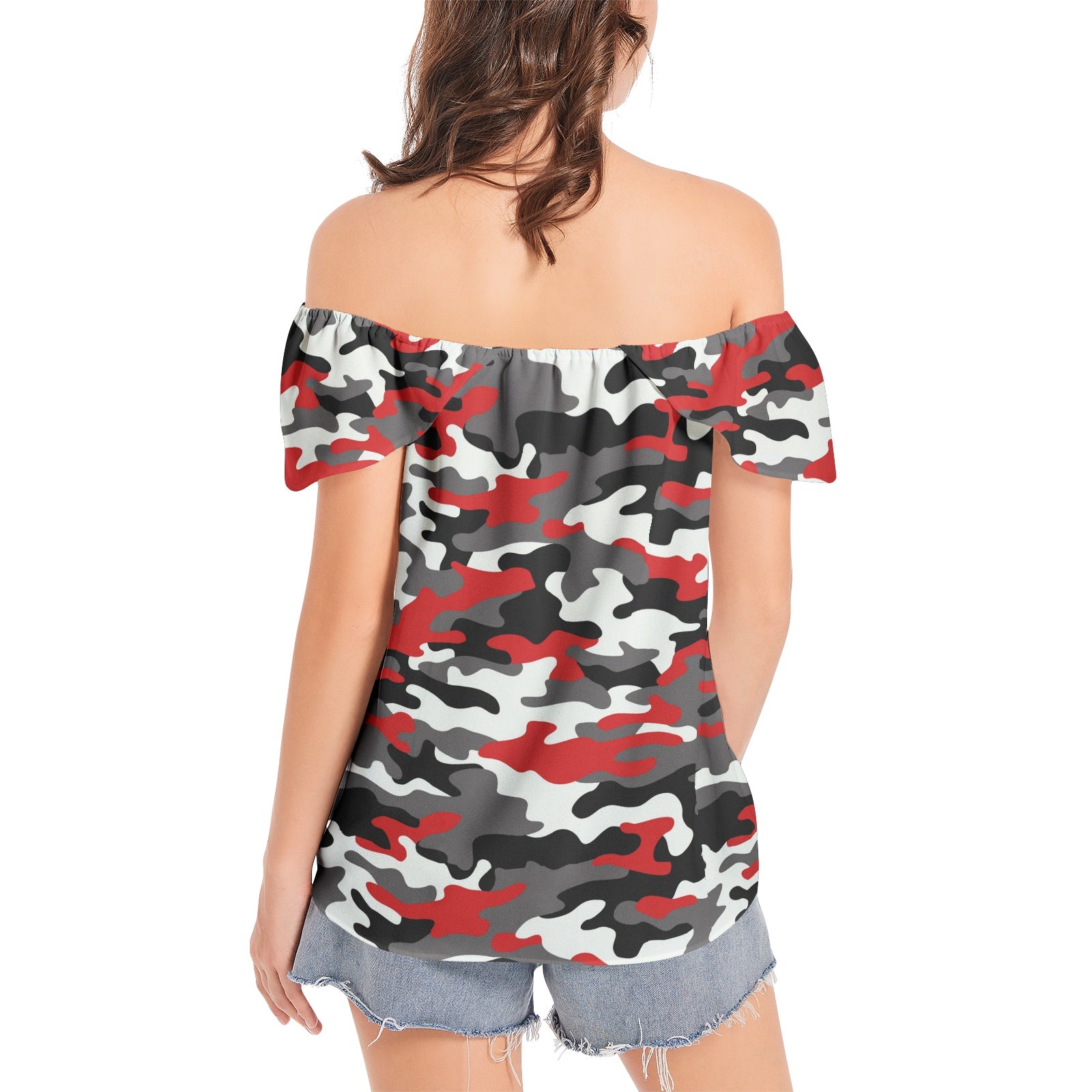 Off The Shoulder Camo Top | Red, Black and White Camouflage