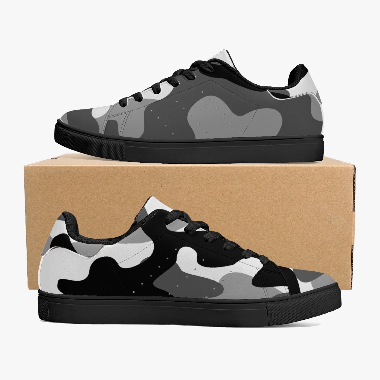 Camo Sneakers | Classic Low-Top Leather | Gray, Black and White