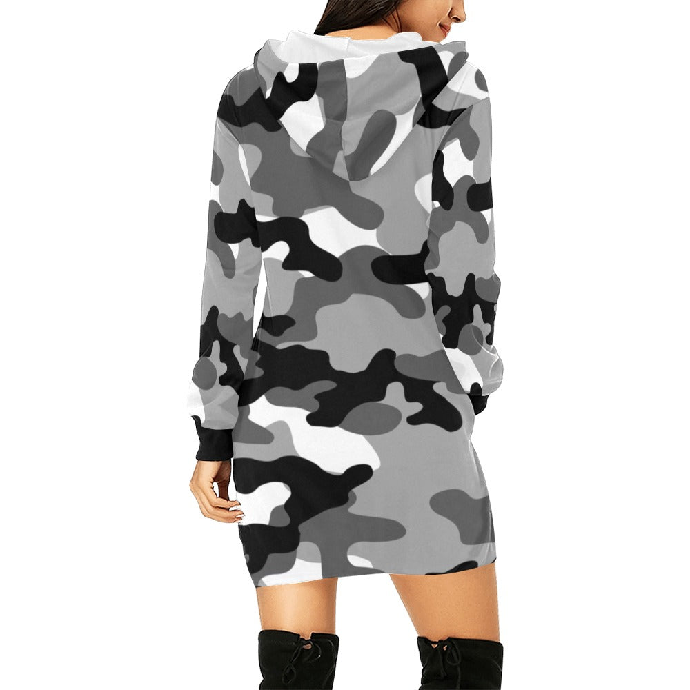 Camo Hoodie Dress | Gray, Black, and White Camouflage