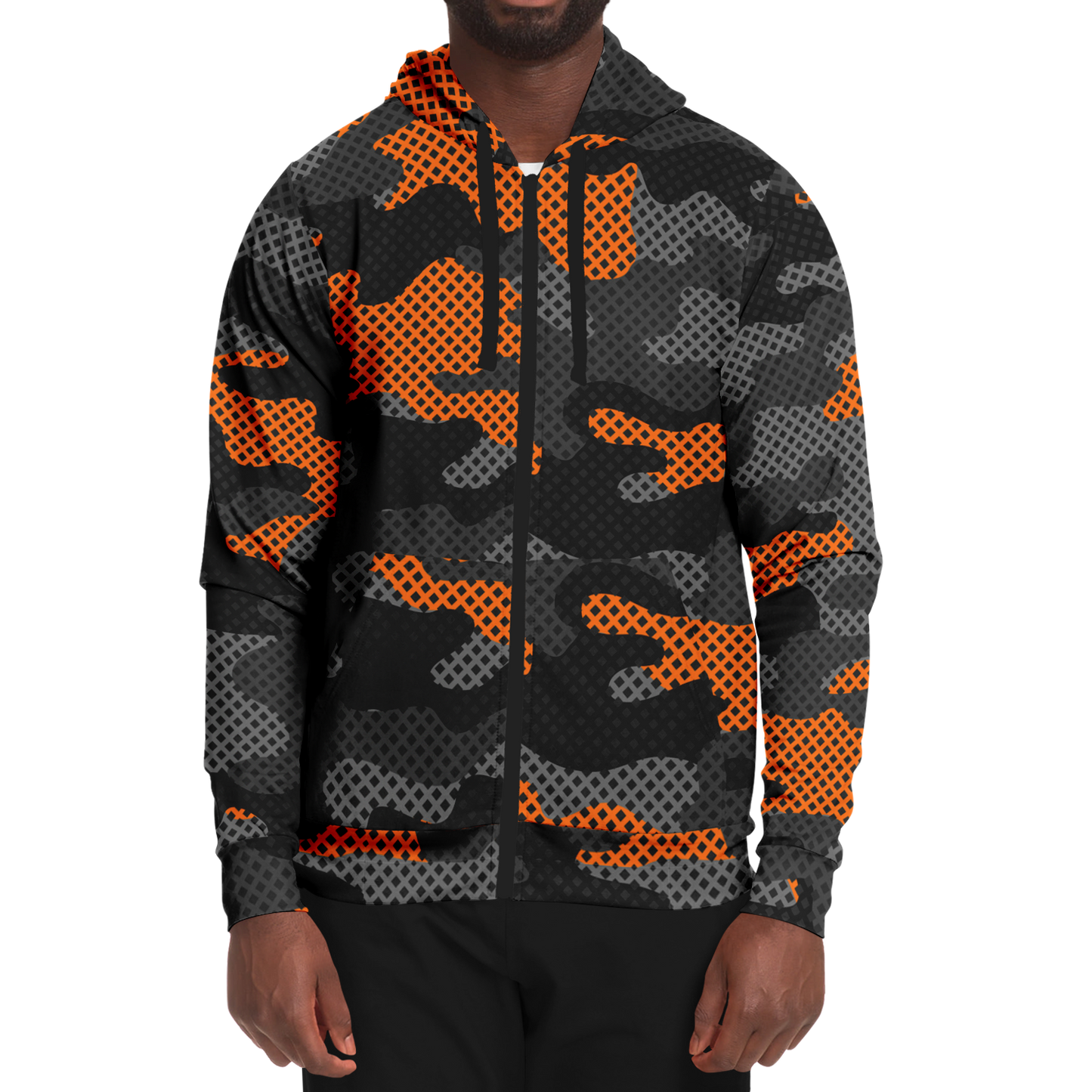 Zip-Up Hoodie | Orange & Black Pixel Camouflage