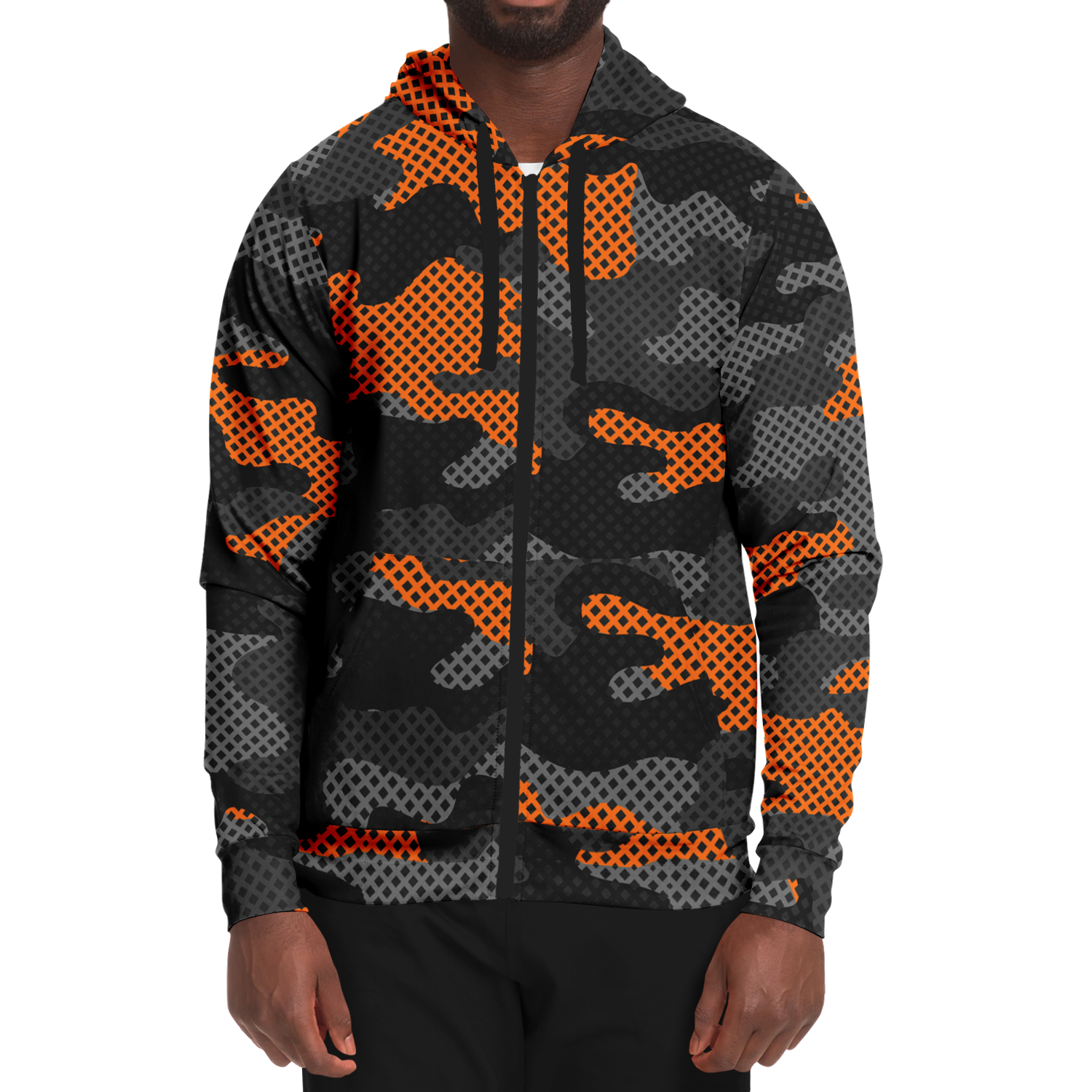 Zip-Up Hoodie | Orange & Black Pixel Camouflage