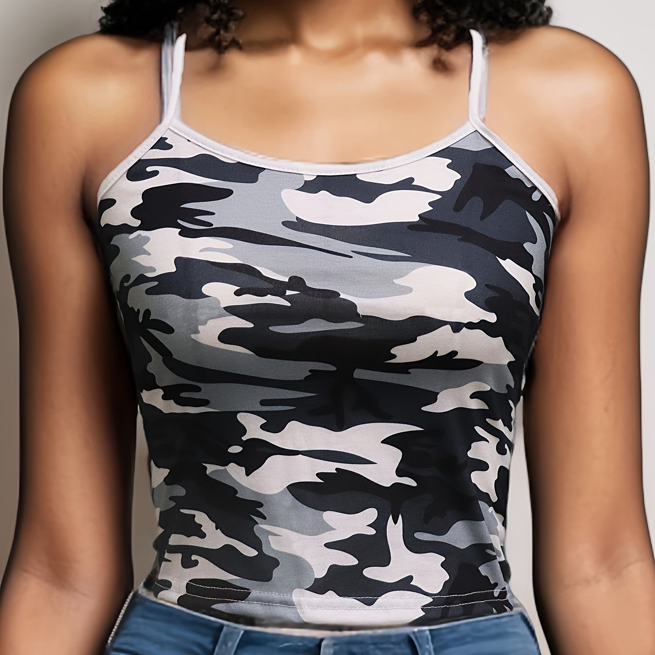 Camo Print Knit Crop Top for Women | Off-Shoulder Sleeveless Tank