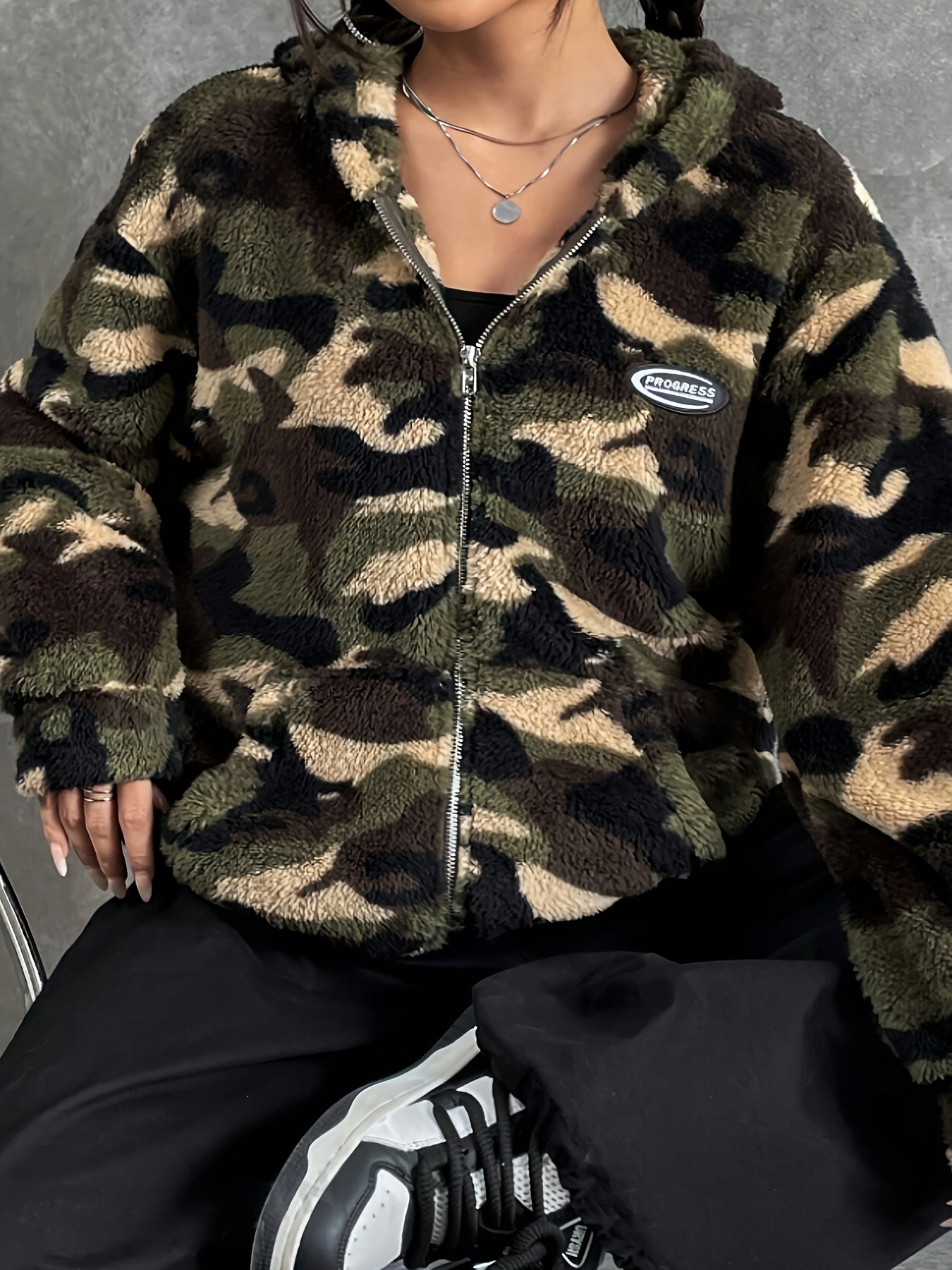 Women's Camo Print Zip-up Fluffy Jacket: Hooded, Fall/Winter