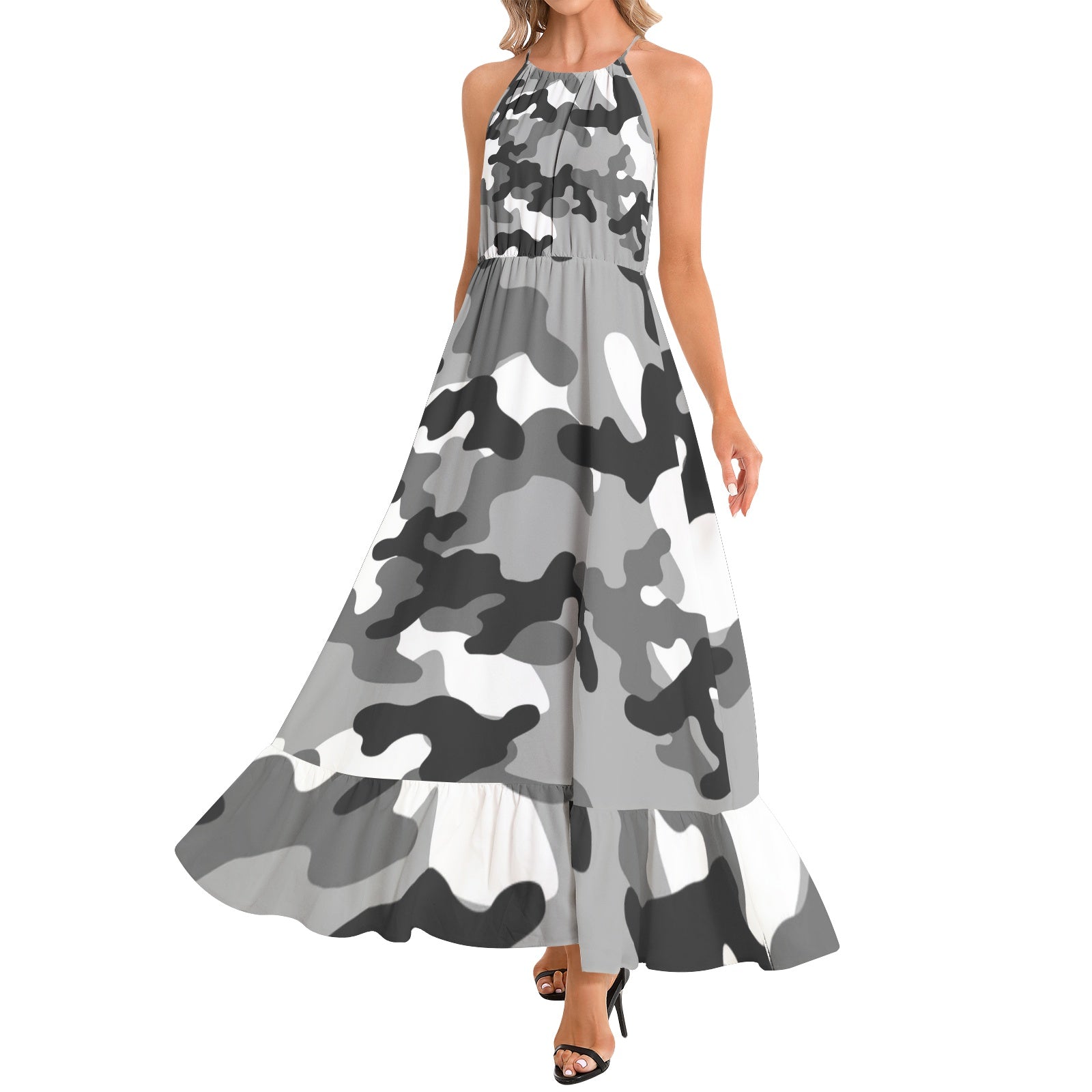 Camo Maxi Dress | Gray, Black, and White Camouflage | Ruffle Hem