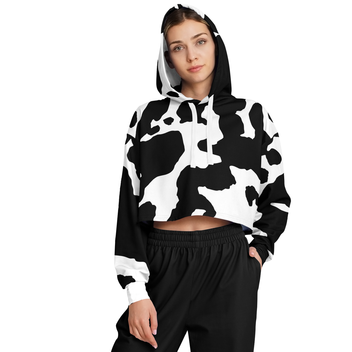 Cropped Hoodie For Women | Black & White Cow Camouflage