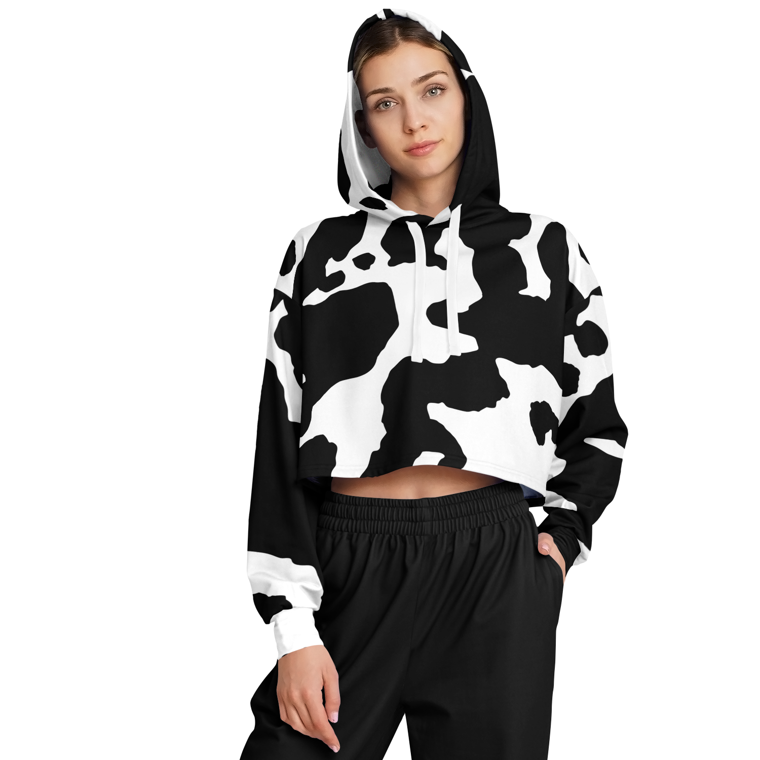 Cropped Hoodie For Women | Black & White Cow Camouflage