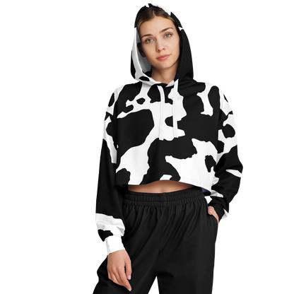 Cropped Hoodie For Women | Black & White Cow Camouflage