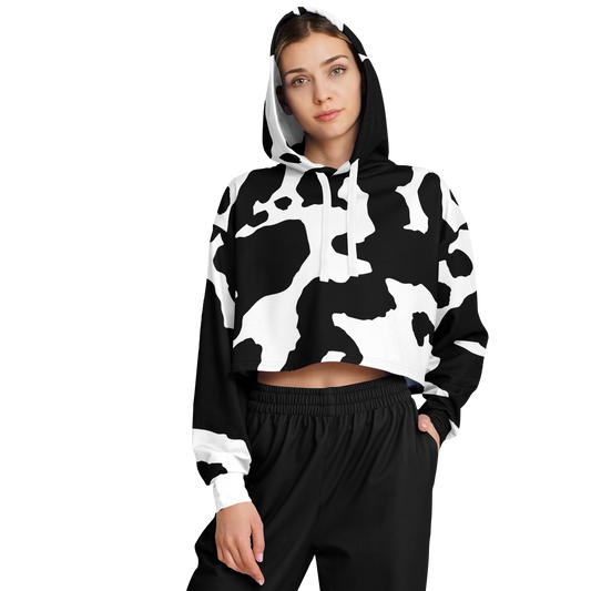 Cropped Hoodie For Women | Black & White Cow Camouflage