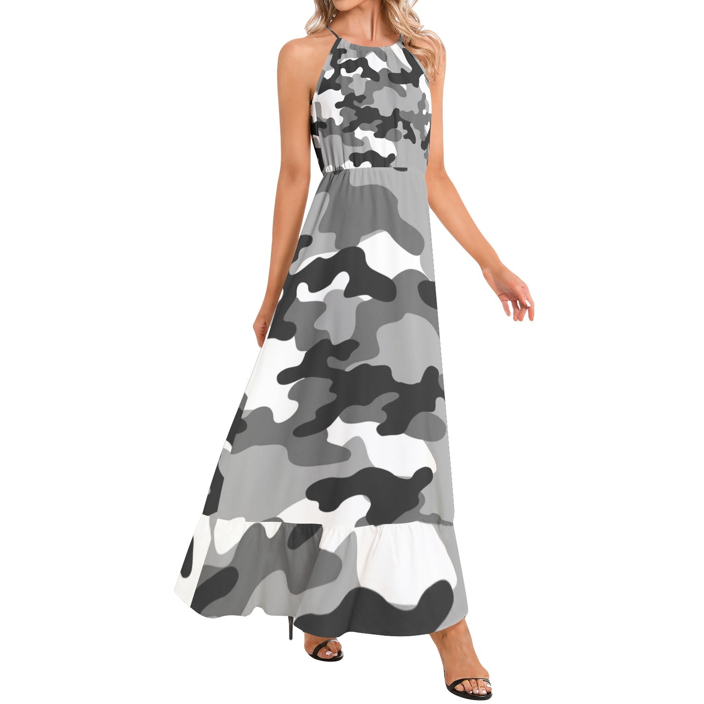 Camo Maxi Dress | Gray, Black, and White Camouflage | Ruffle Hem