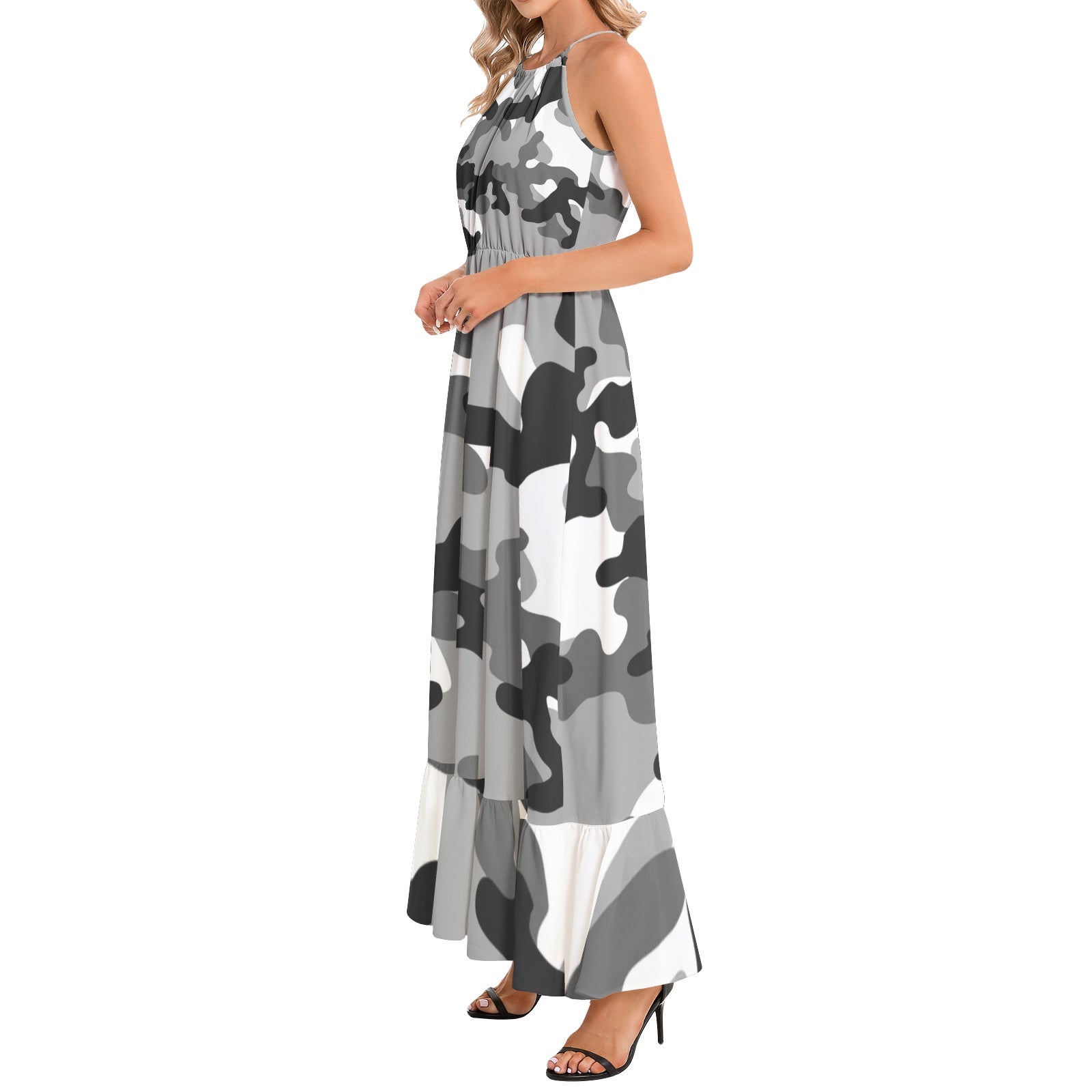 Camo Maxi Dress | Gray, Black, and White Camouflage | Ruffle Hem