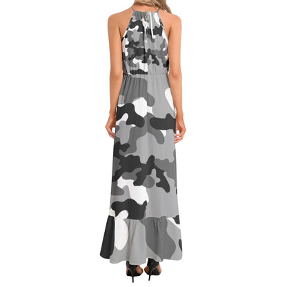 Camo Maxi Dress | Gray, Black, and White Camouflage | Ruffle Hem