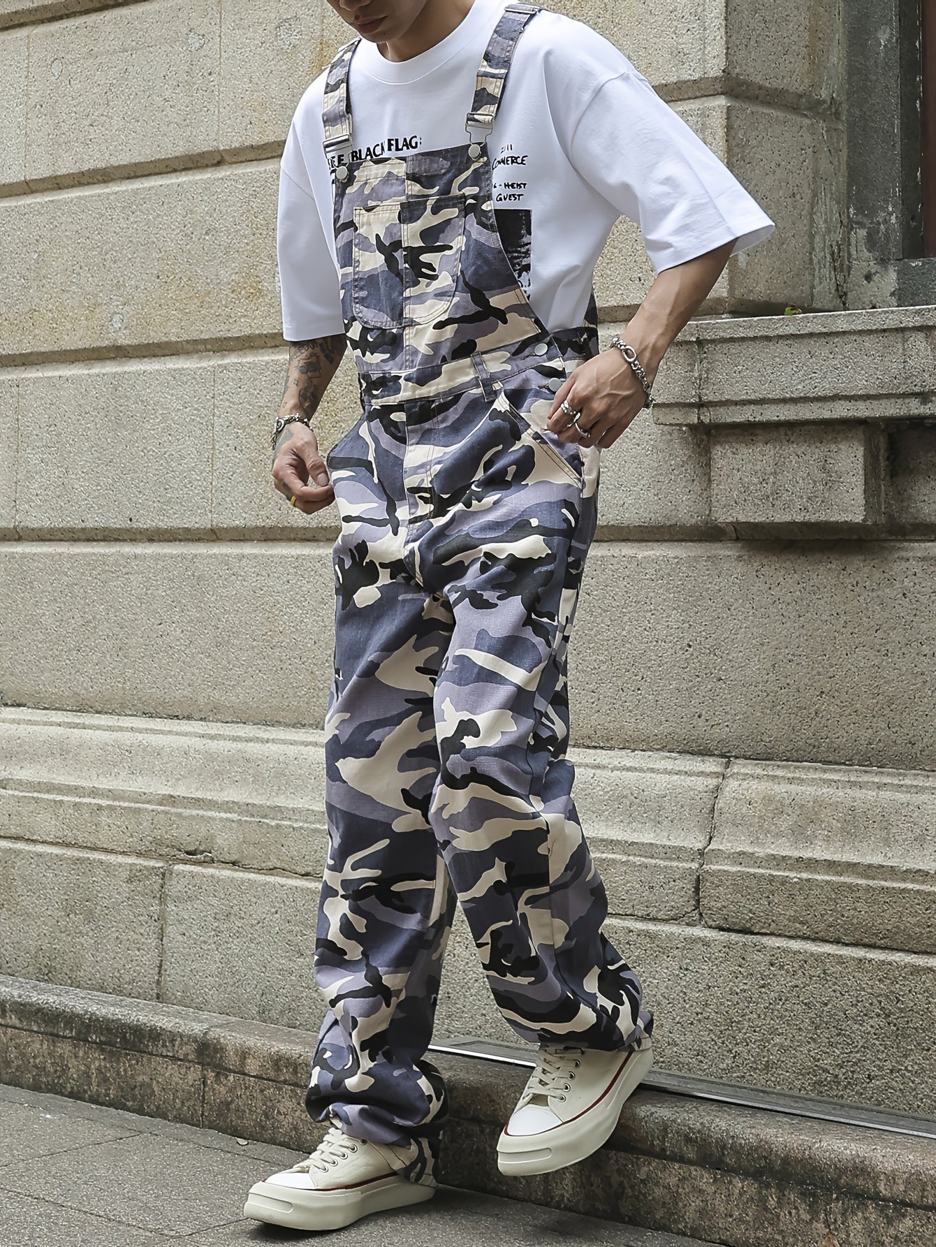 Men's Gray Camo Denim Overalls with Zip