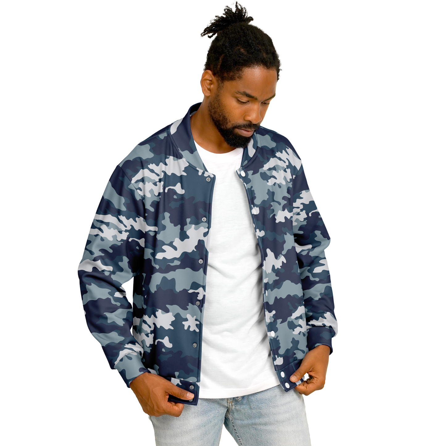 Baseball Jacket in Navy Blue Camouflage Print