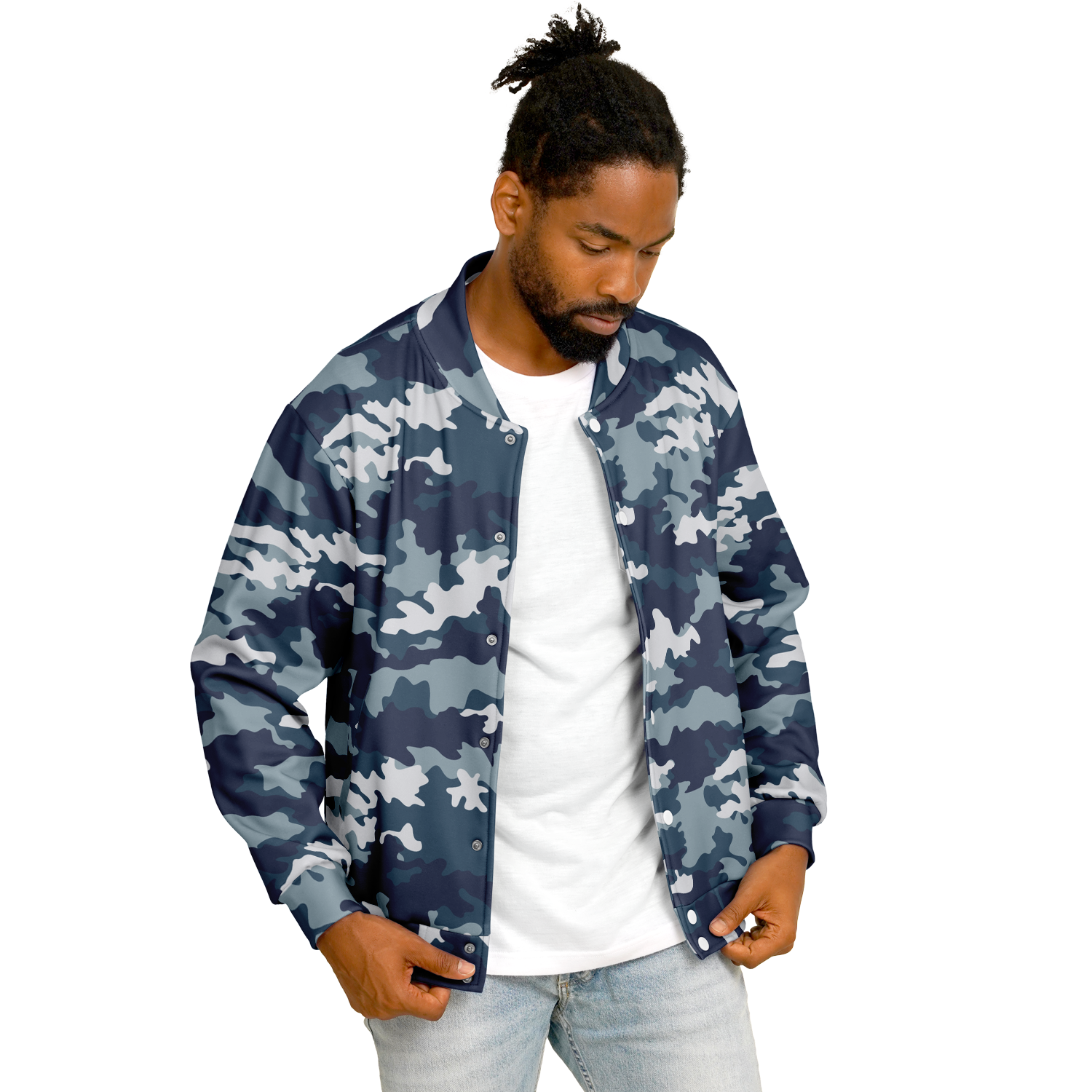 Baseball Jacket in Navy Blue Camouflage Print