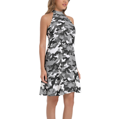 Flared Camo Dress | Halter Neck | Gray, Black and White