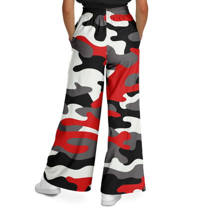 Camo Wide Leg Pants For Women | Red, Black & White Camouflage