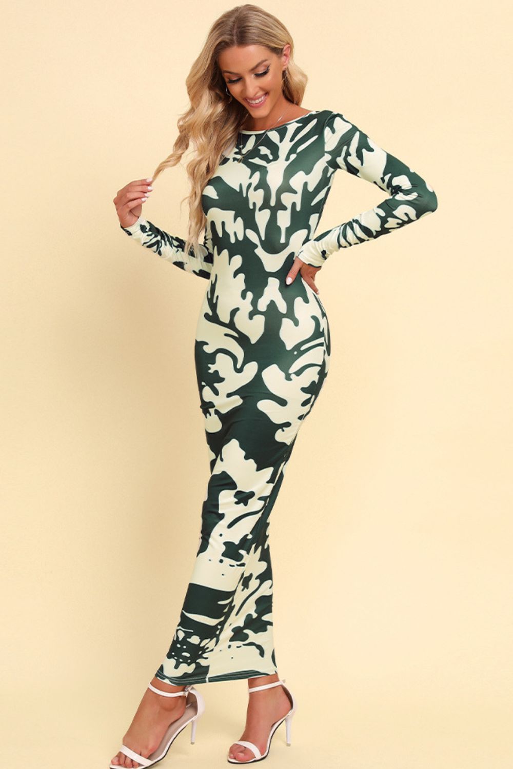 Printed Backless Long Sleeve Maxi Camo Dress