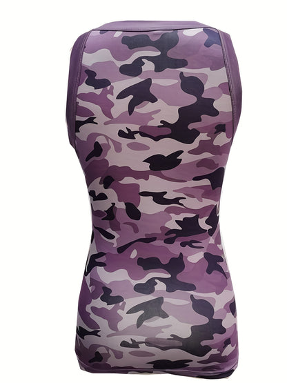 Camouflage Print Tank Top, Y2K Sleeveless Crew Neck Tank Top