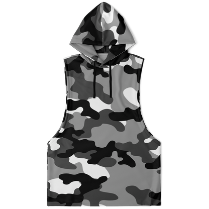 Sleeveless Hoodie | Black, White & Gray Camouflage