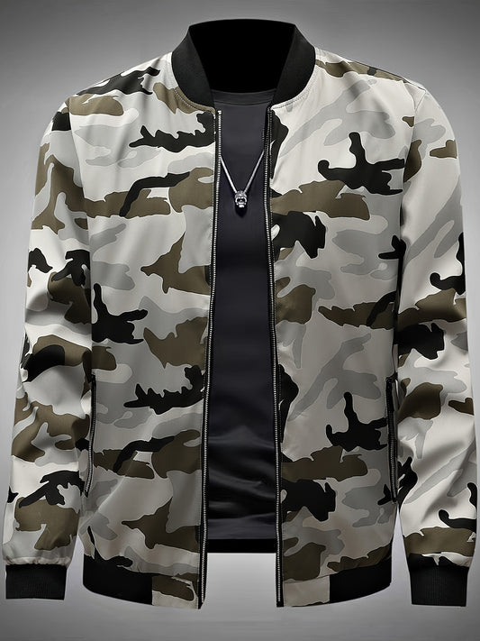 Men's Casual Camo Bomber Jacket, Zipper, Baseball Collar