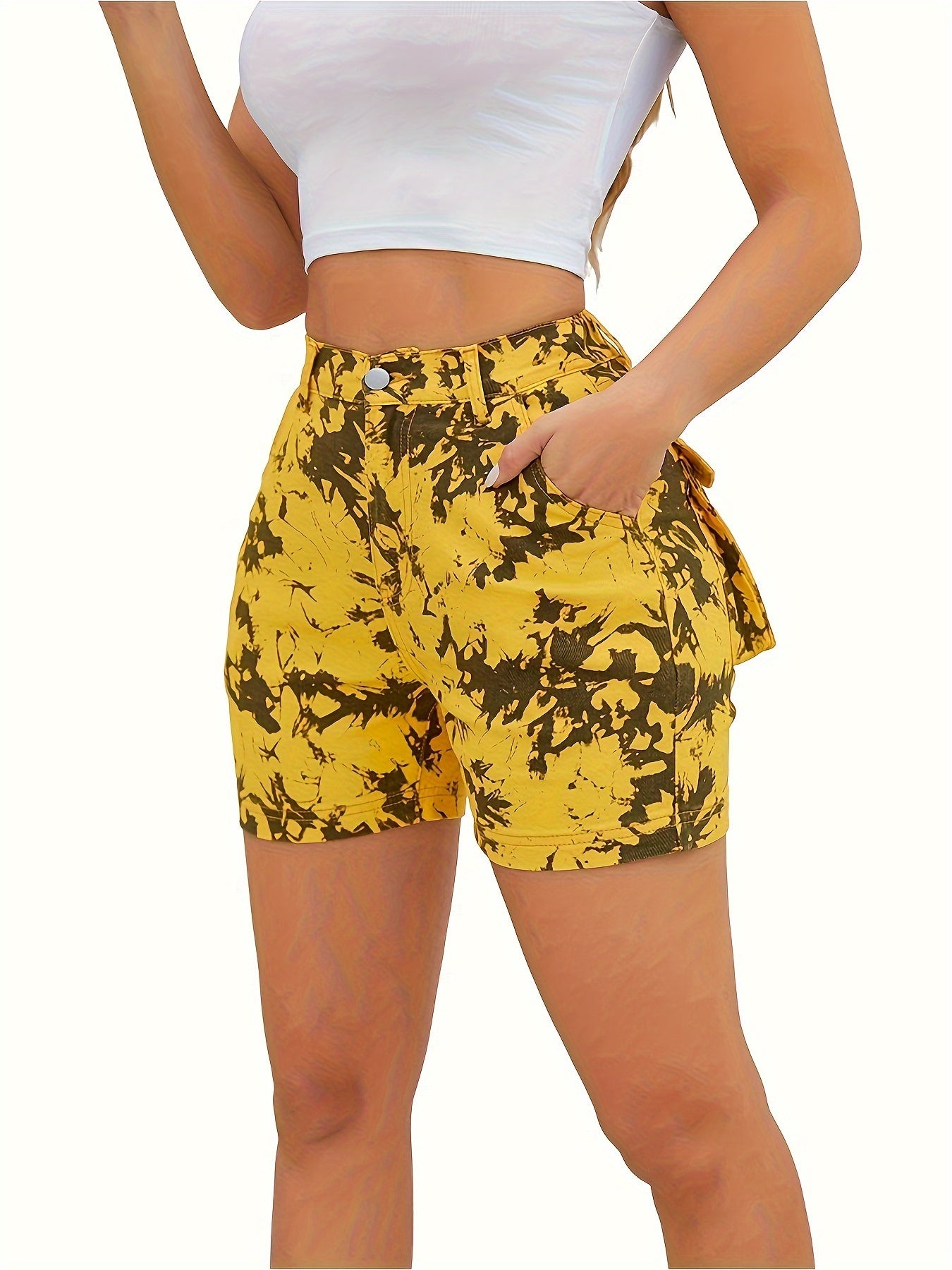 Women's Camo Denim Shorts - Elastic Streetwear Hot Pants