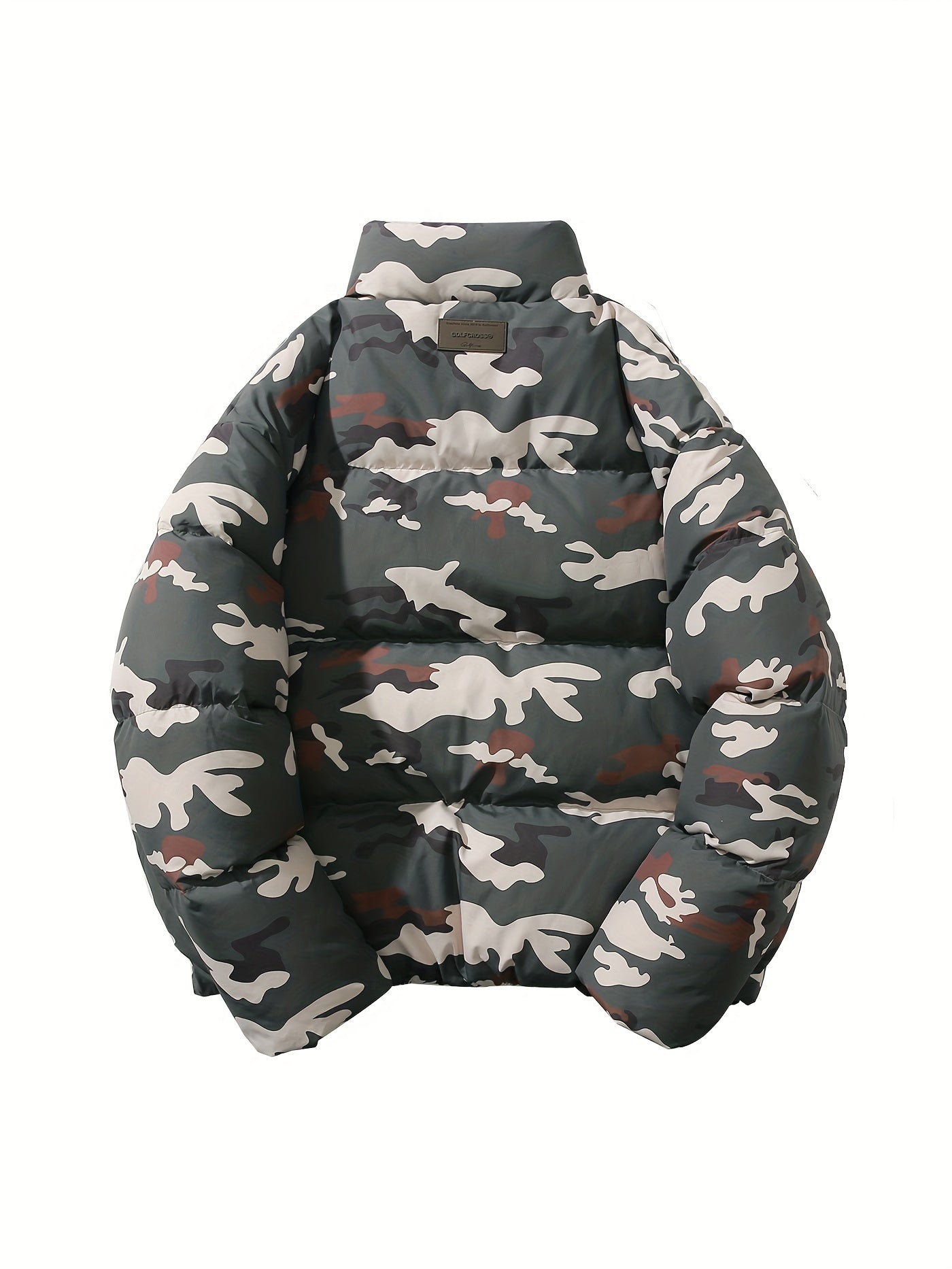 Camo Print Puffer Jacket for Men | Loose Fit, Letter Pattern