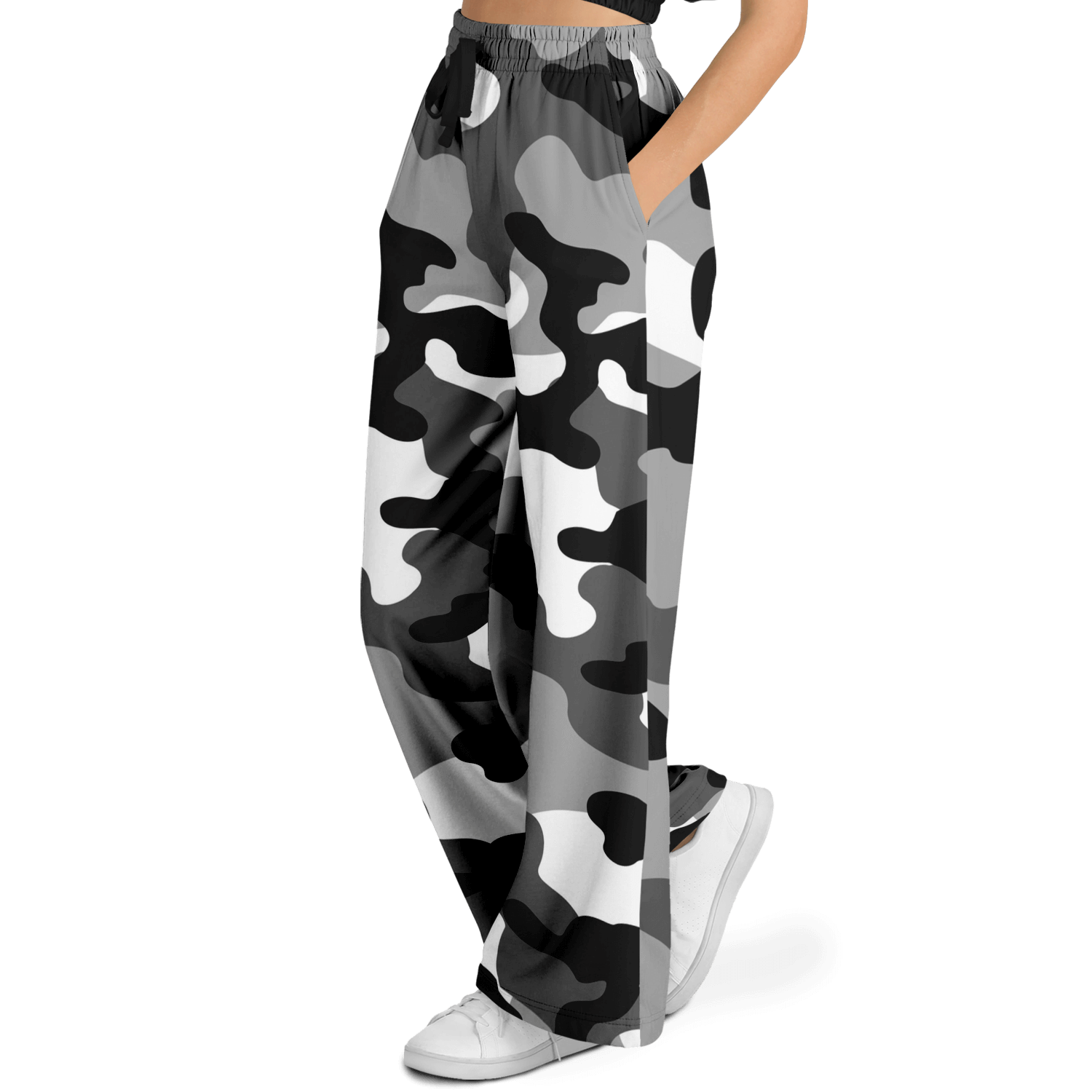 Camo Wide Leg Pants | Black, White & Gray Camouflage