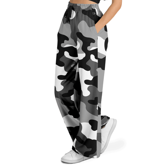 Camo Wide Leg Pants | Black, White & Gray Camouflage