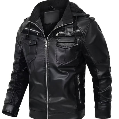 Faux Leather Hooded Jacket | Men's Zippered Motorcycle Coat