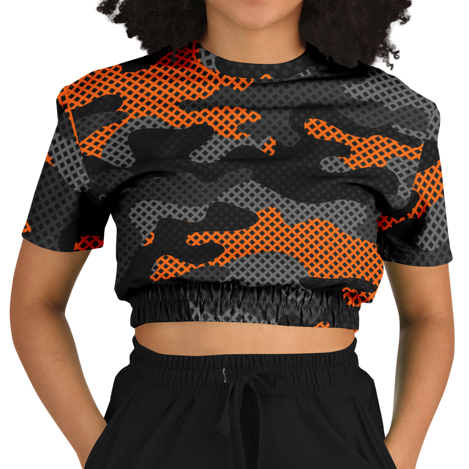 Camo Crop Top Sweatshirt | Black & Orange Pixel Pattern