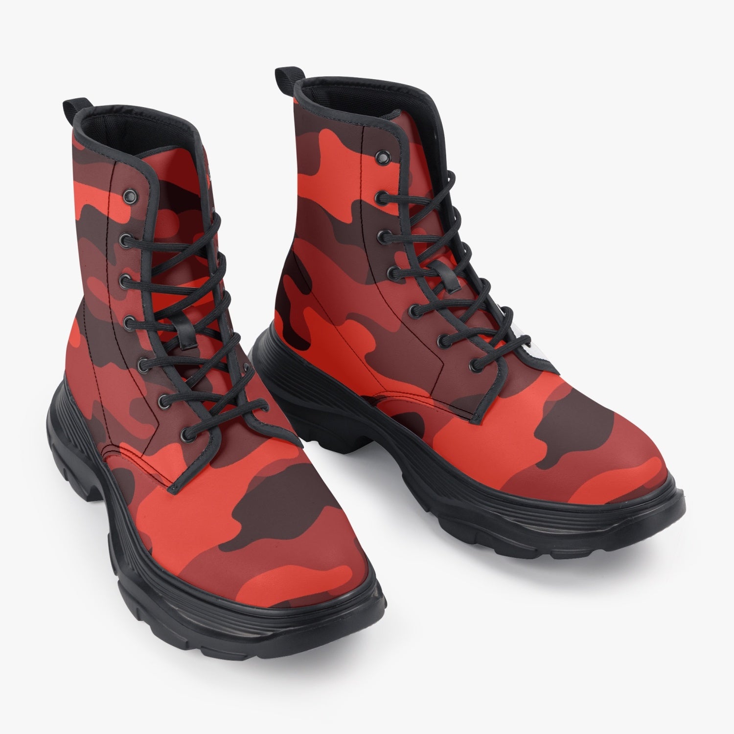 Chunky Boots | Leather in Scarlet Red & Black Camouflage