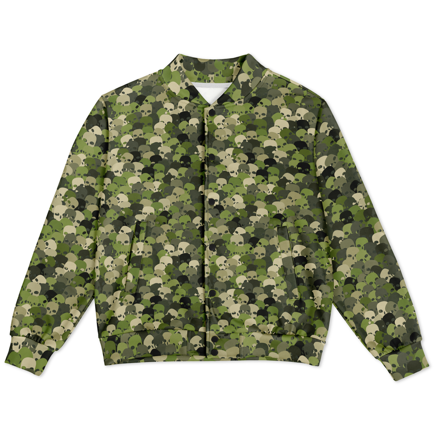 Baseball Jacket in Green, Olive, & Beige Skulls Camo Print