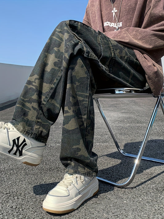 Men's Camo Cargo Jeans | Cotton Denim with Pockets, Loose Fit