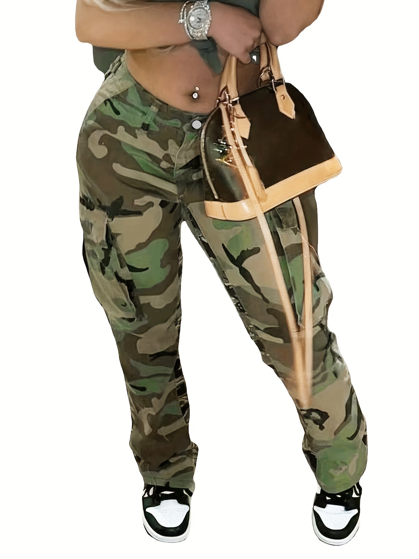 Plus Size Street Style Camo Jeans for Women's | Flap Pockets