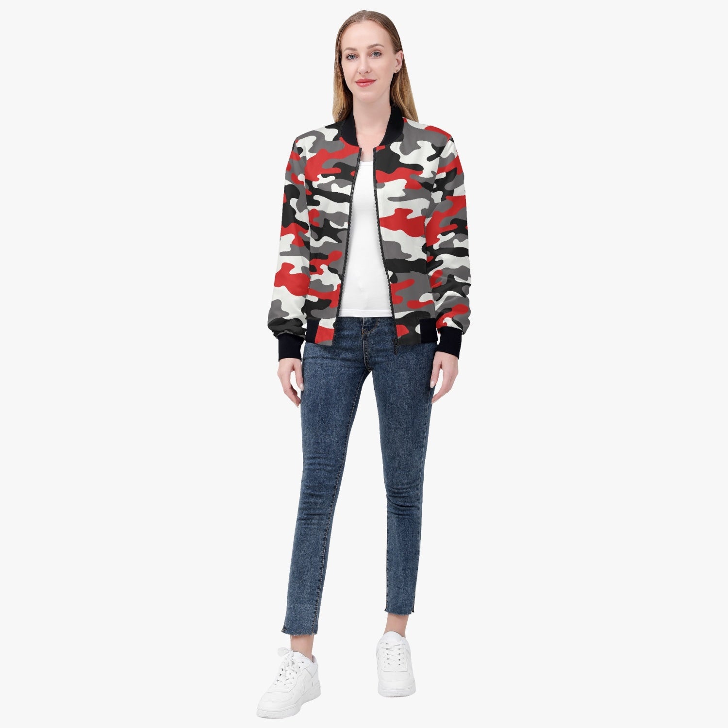 Women's Camo Bomber Jacket | Red, Black, and White