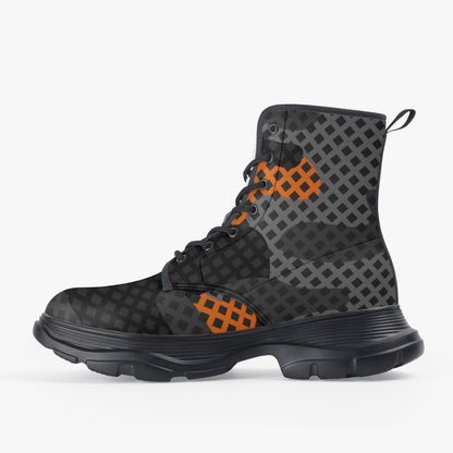 Chunky Boots | Leather in Black & Orange Pixel Camouflage