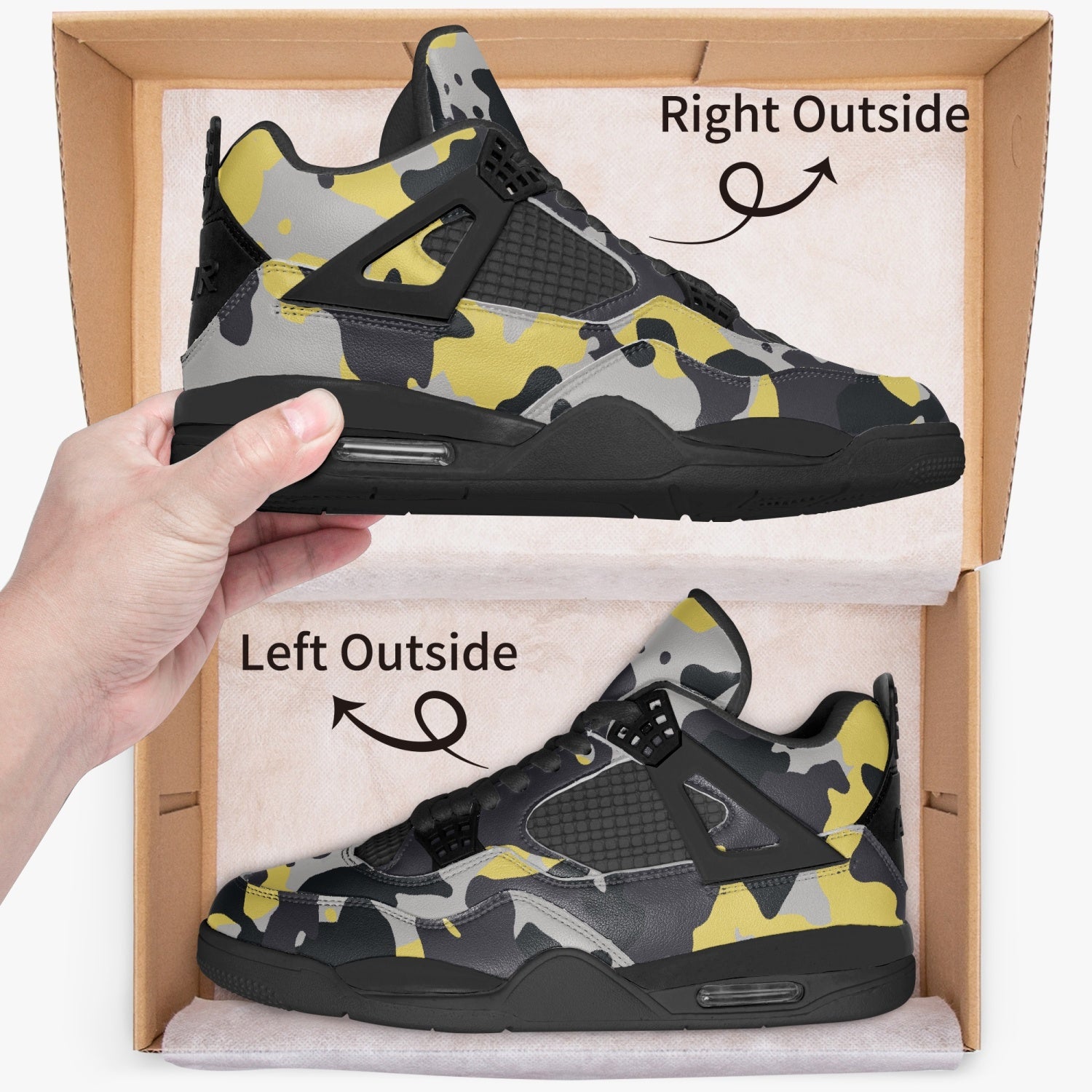 Camo Jordans AJ4 | Yellow, Black and Silver Camouflage