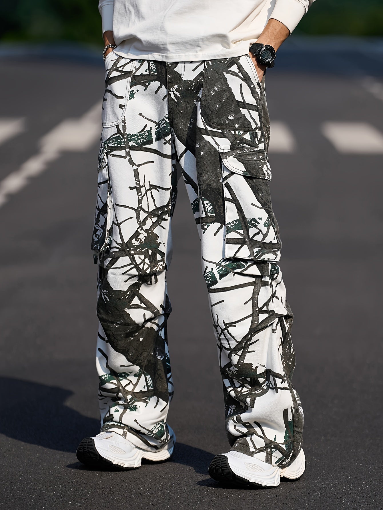 Men's Camouflage Print Denim Cargo Pants | Loose Fit