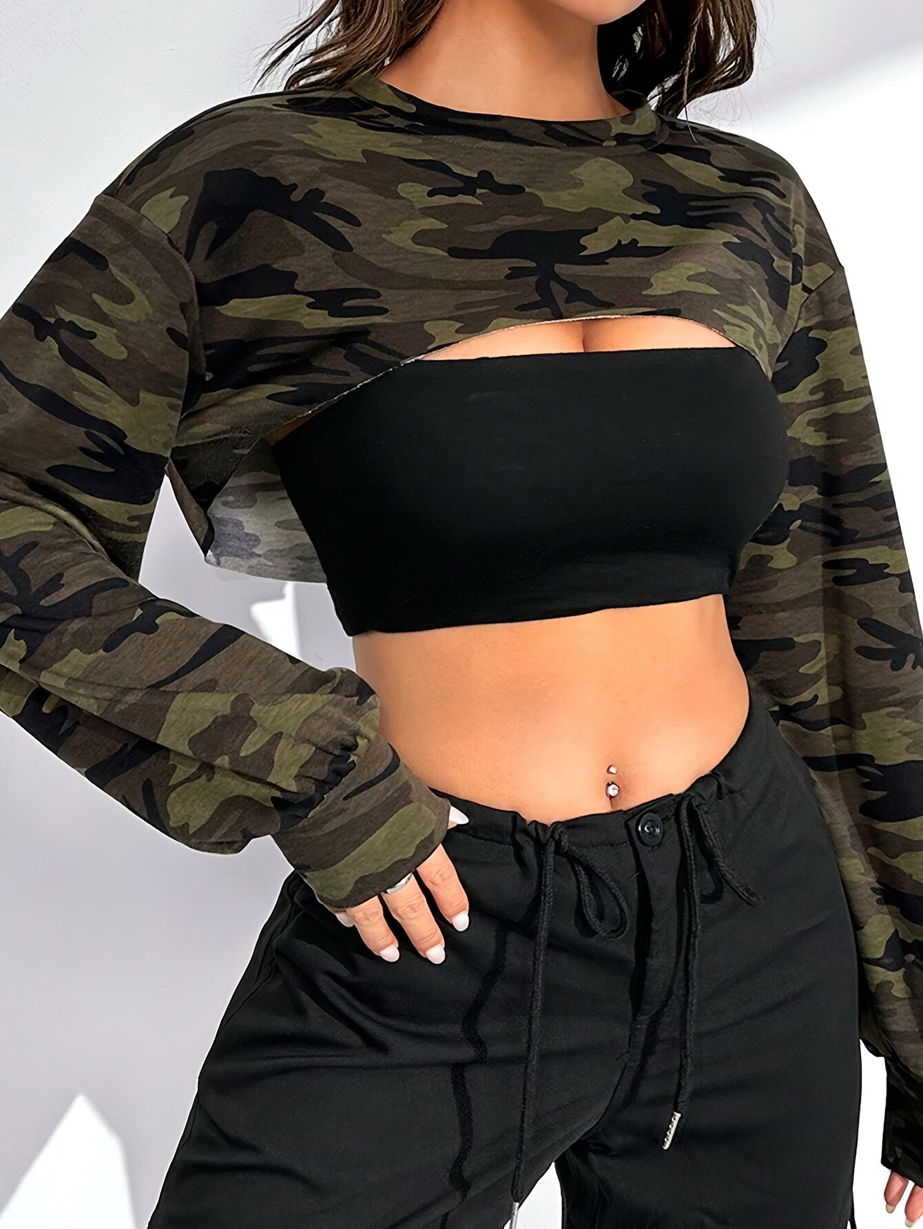 Women's Camo Pullover | Irregular Drop Shoulder Blouse Long-Sleeved T-Shirt