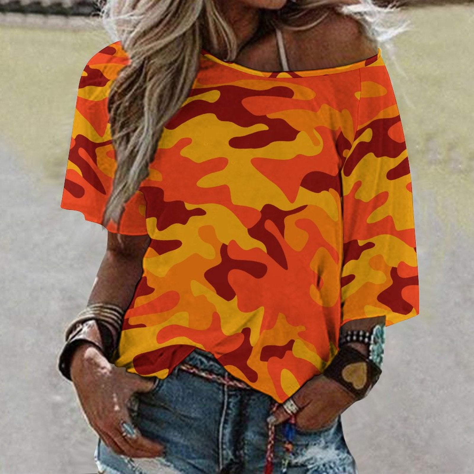 Off The Shoulder Top | Orange & Red Camo Shirt