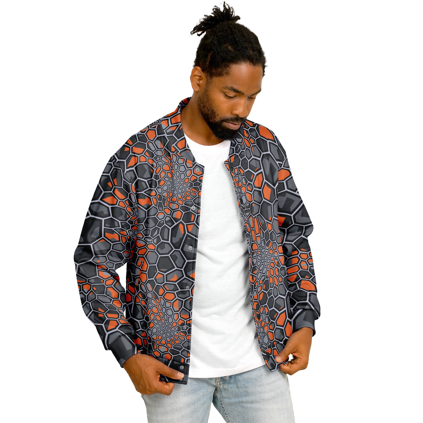 Baseball Jacket | Geometric Camo in Orange, Gray & Black