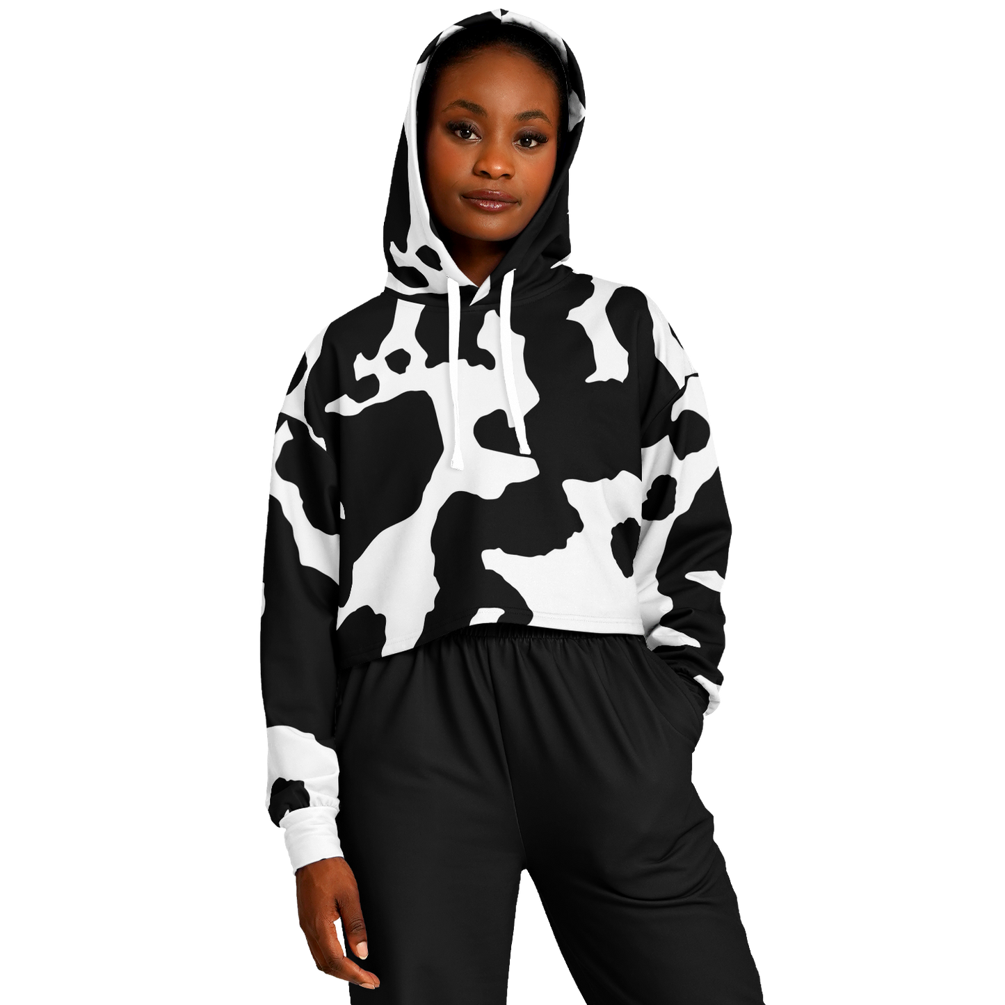 Cropped Hoodie For Women | Black & White Cow Camouflage