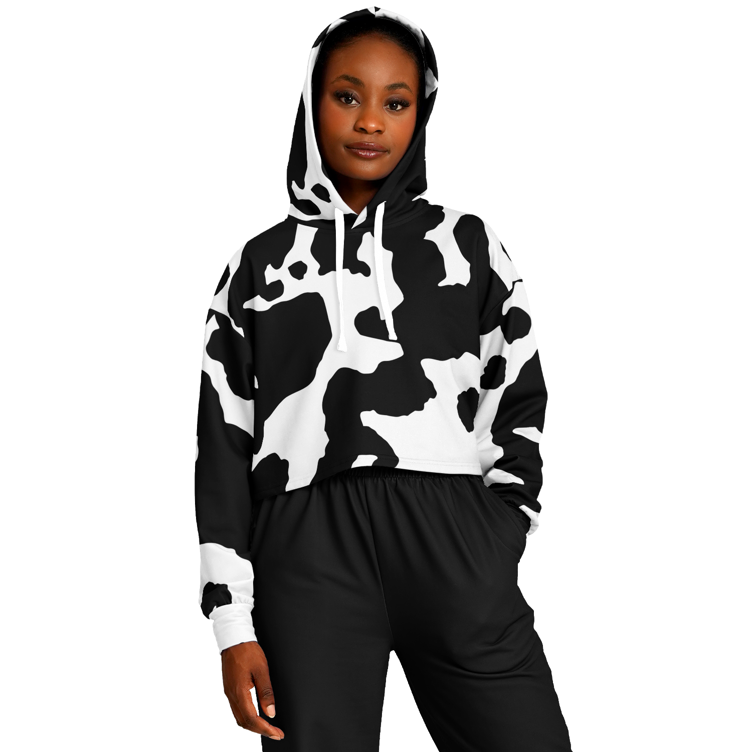 Cropped Hoodie For Women | Black & White Cow Camouflage